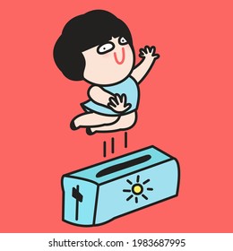 Funny Girl Popping Out of Toaster Concept Card Character illustration