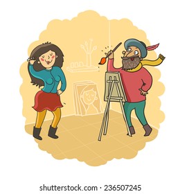 Funny girl posing to painter artist. Painter and model. Vector colorful cartoon illustration