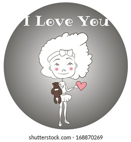 Funny girl with postcard heart and teddy bear. Saint valentine's day