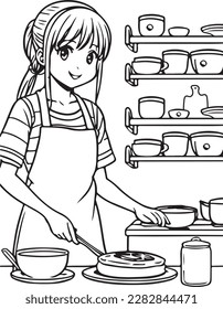 Funny girl preparing food in the kitchen in an apron. Anime girl cooking, vector coloring for children