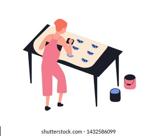 Funny girl printing pattern on fabric using woodblocks and paint isolated on white background. Cute young woman and her pastime activity or creative hobby. Flat cartoon colorful vector illustration.