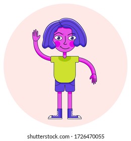 A funny girl with purple short hair, dressed  in a T-shirt and shorts. The girl waves her hand in greeting. Vector illustration