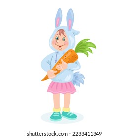 Funny girl in a rabbit costume with a big carrot. Suit for a school party. In cartoon style. Isolated on white background.  Vector illustration.