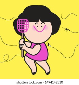 Funny Girl Is Ready Hunting For Mosquitoes By Using A Fly Swat Concept Card Character illustration