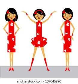 funny girl in a red dress on a white background