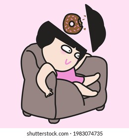 Funny Girl Relaxing On Big Comfy Couch With Only Donut In Her Empty Head Concept Card Character Illustration