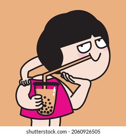 Funny Girl is Resting Her Head On Hand While Drinking Bubble Milk Tea From A Cup Concept Card Character illustration