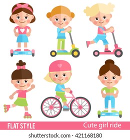 Funny girl riding on scooters, roller skates and bike. Cute children sports ride. A set of characters in a flat style. Girl on scooter. Girl on a skateboard.