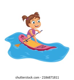 Funny girl riding on sup board. Floating and surfing on boards on waves in summer. Vector illustration