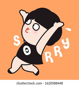 Funny Girl Running Away With Text Sorry Concept Card Character illustration