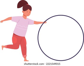 Funny girl running with hoop. Active kid playing isolated on white background