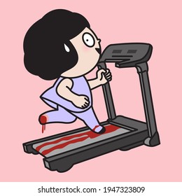 Funny Girl is running on a treadmill with a painful injury Concept Card Character illustration