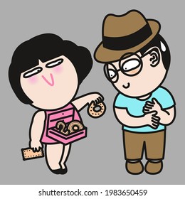 The Funny Girl is Sharing Treats From Her Body Snack Drawer With Her Lover Boy Concept Card Character illustration