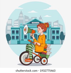 Funny girl shouting on the megaphone. Back to school vector illustration