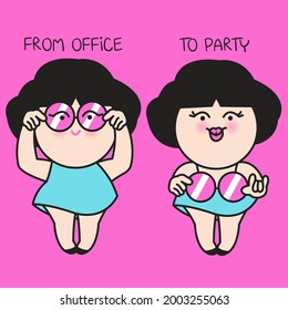 Funny Girl Showing How To Take Her Sunglasses From Office To Party In Minutes Concept Card Character illustration