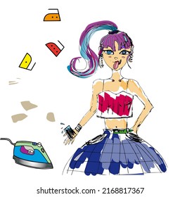 Funny girl showing tongue, ironing modes, steam iron, cartoon drawing