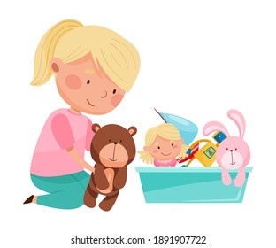 Funny Girl Sitting on Floor and Playing with Different Toys in Playroom Vector Illustration