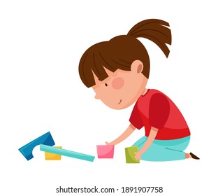 Funny Girl Sitting on Floor and Playing with Construction Toy in Playroom Vector Illustration