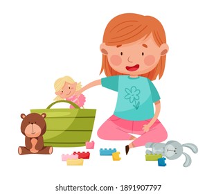 Funny Girl Sitting on Floor and Playing with Different Toys in Playroom Vector Illustration