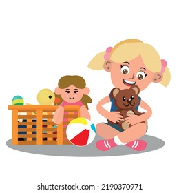 Funny Girl Sitting on Floor and Playing with Different Toys in Playroom Vector Illustration.