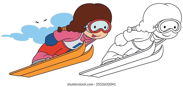 Funny girl skier. Illustration concept template for website, web landing page, banner, presentation, social, poster, promotion or print media.