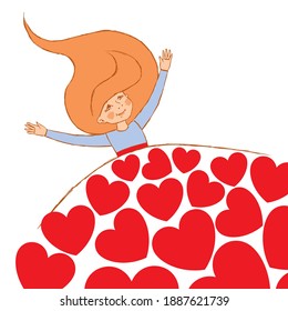 Funny girl in the skirt made of hearts, hand-drawn.