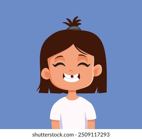 
Funny Girl Smiling Missing One Tooth Vector Cartoon. Child losing her primary teeth having a gap when opening mouth 
