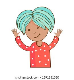 Funny girl smiling vector isolated on white background. Cute little kawaii girl.The female character. Hand drawn female avatar.  Art colourful illustration. Happy child. Kids vector characters.