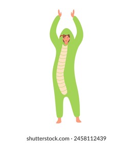 Funny girl in snake onesie costume on pajama party or sleepover vector illustration