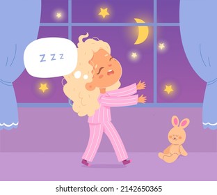 Funny girl somnambulist sleepwalking at night vector illustration. Cartoon little child sleeping, lunatic kid in pajamas walking near sofa in home living room. Somnambulism disorder concept