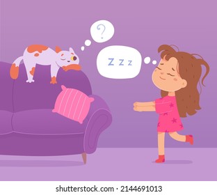 Funny girl somnambulist sleepwalking at night vector illustration. Cartoon little child sleeping, lunatic kid in pajamas walking near sofa with cat in home living room. Somnambulism disorder concept