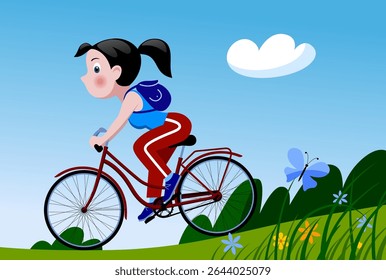 A funny girl in sportswear rides a red bicycle among a green summer landscape with decorative flowers and butterfly. Vector illustration in cartoon flat style. NOT AI generated