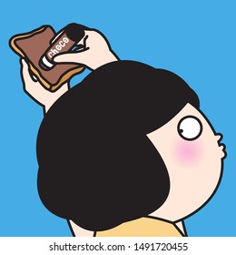 Funny Girl Spreading Chocolate On A Flat Bread With Chocolate Stick Type Concept Card Character illustration