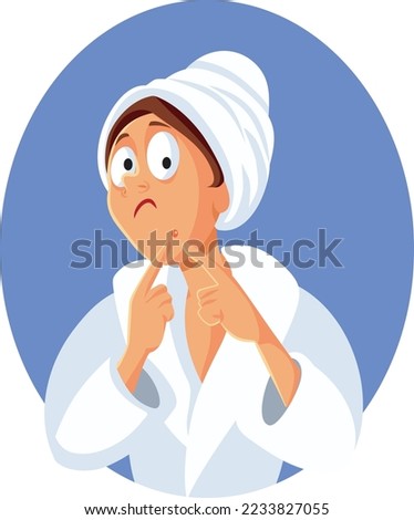 
Funny Girl Squeezing Pimples Vector Cartoon Illustration. Young woman having adult acne problems 
