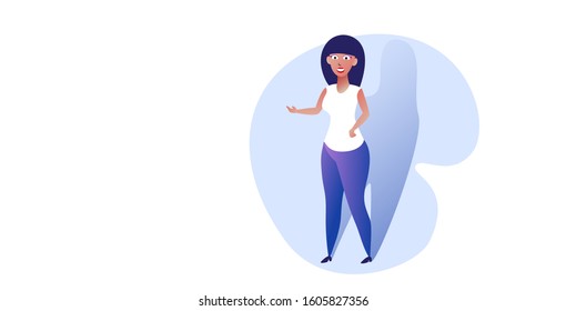 funny girl standing pose smiling woman in casual clothes female cartoon character full length horizontal vector illustration