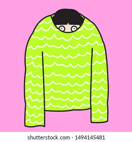 Funny Girl Stay Inside An Oversized Sweater. Winter Outfit Concept Card Character Illustration