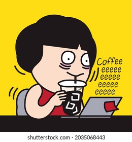 Funny Girl Is Staying Alert With Black Coffee Or Energy Drinks Concept Card Character Illustration