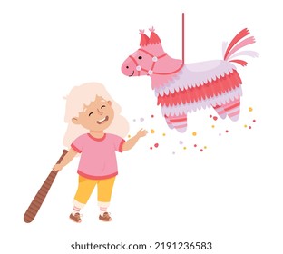Funny Girl Striking and Hitting Pinata Hanging on String with Stick Vector Illustration