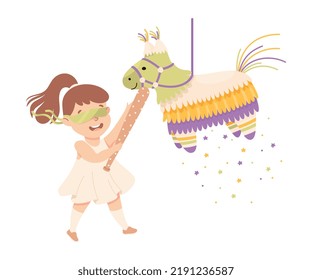 Funny Girl Striking and Hitting Pinata Hanging on String with Stick Vector Illustration