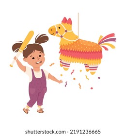 Funny Girl Striking and Hitting Pinata Hanging on String with Stick Vector Illustration