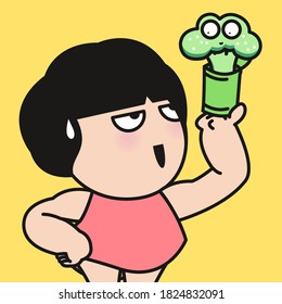 Funny Girl With Strong Muscular Arm Holding An Opened Can Of Broccoli Concept Card Character illustration