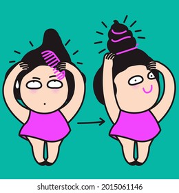 Funny Girl is styling Own Easy Soft Serve Ice Cream Shaped Bun Hairstyle With Hair Clips Concept Card Character illustration