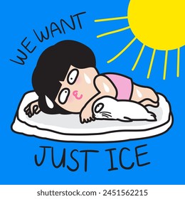 Funny Girl With Sweat Drop Flows Down Her Face And Body Lying On An Iceberg That Facing The Sun Directly. Global Warming Like Summer Concept Card Character illustration