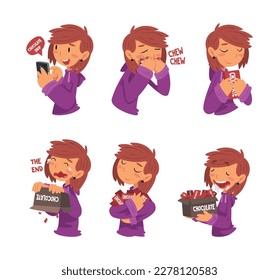 Funny girl with sweets addiction set. Girl eating candies and chocolate cartoon vector illustration