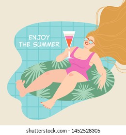 Funny girl swimming on a inflatable circle and drinking a cocktail. Enjoy the summer day