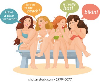 funny girl in swimsuit talking on the bench vector