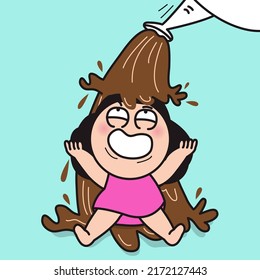 Funny Girl is Taking A Shower From Coffee Cup. Coffee Addiction Concept Card Character illustration