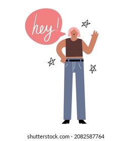 Funny girl, teen with pink hair waving hand, saying Hey, isolated vector illustration