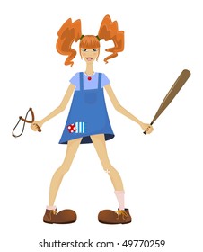 funny girl teenager with red hairs in style of Pippi Longstocking - vector illustration