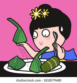 Funny Girl In Thai Tradional Dress Sneaking Some Thai Desserts From The Dining Table Concept Card Character Illustration